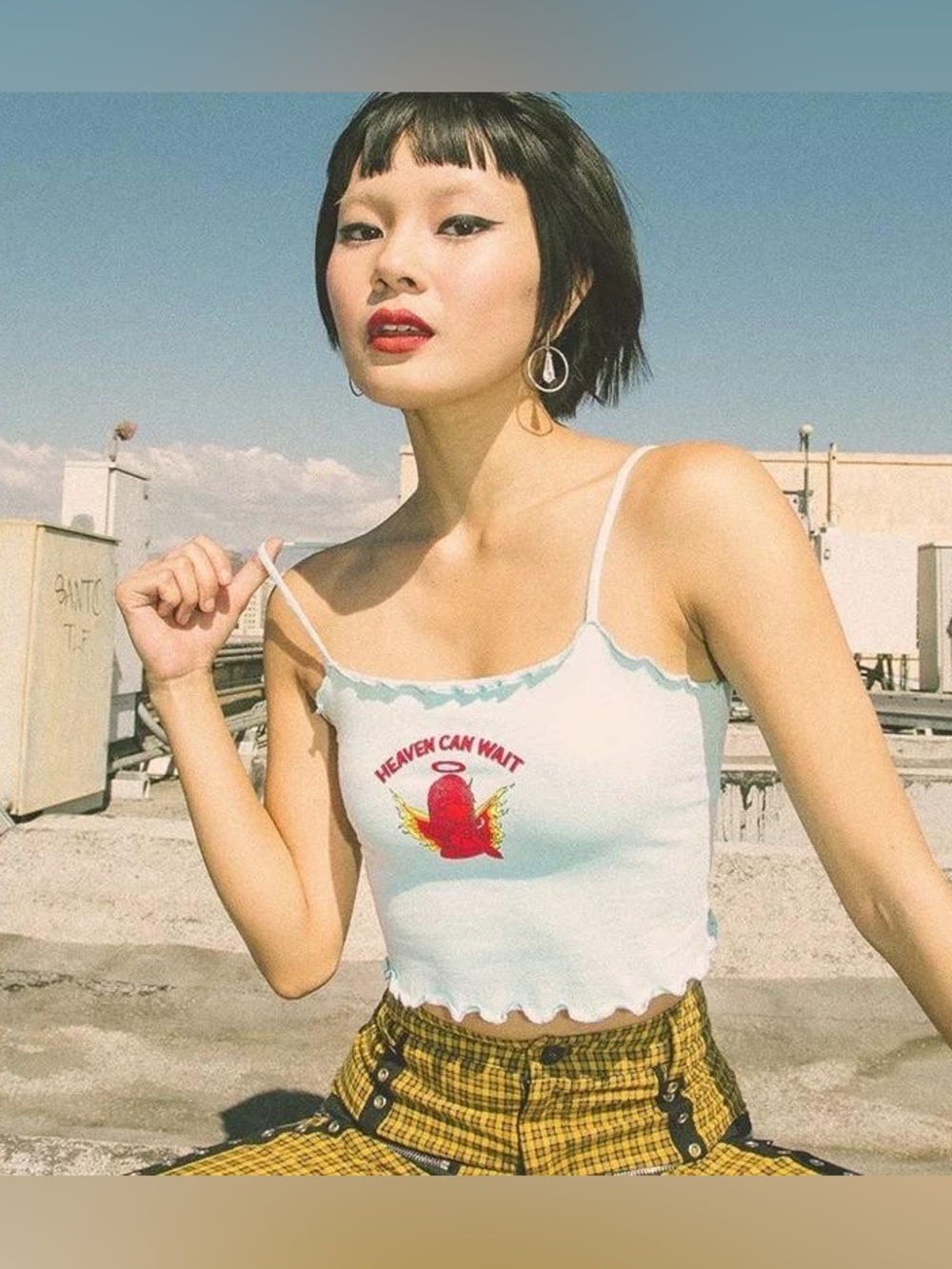 Heaven Can Wait Aqua Graphic Crop Tank Top